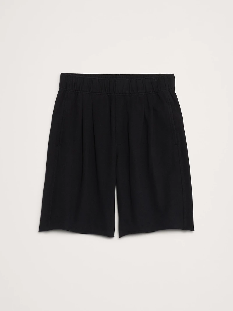 Relaxed Cotton-Fleece Pleated Pull-On Short