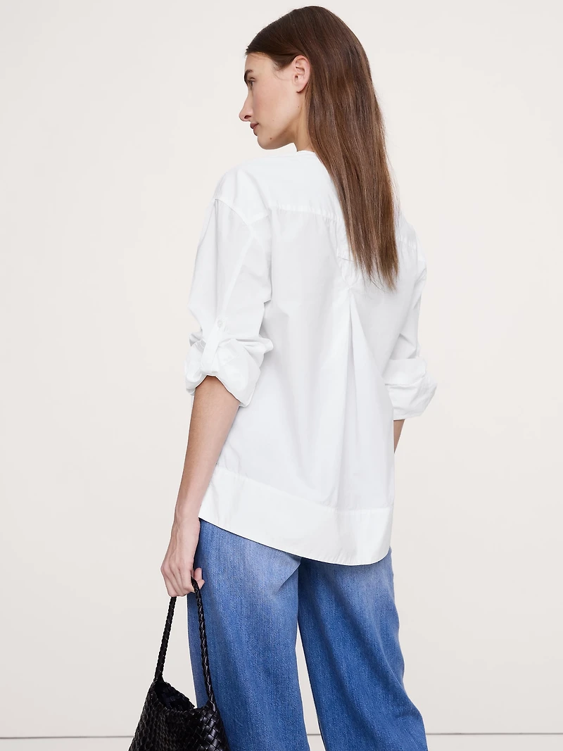 Cotton Poplin Popover Top with Rolled Cuffs