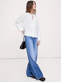 Cotton Poplin Popover Top with Rolled Cuffs