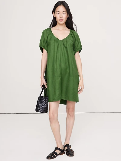 Oversized Viscose-Linen Puff-Sleeve Mini Dress
