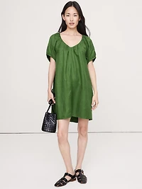 Oversized Viscose-Linen Puff-Sleeve Mini Dress