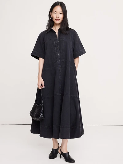 Denim Trapeze Maxi Shirt Dress