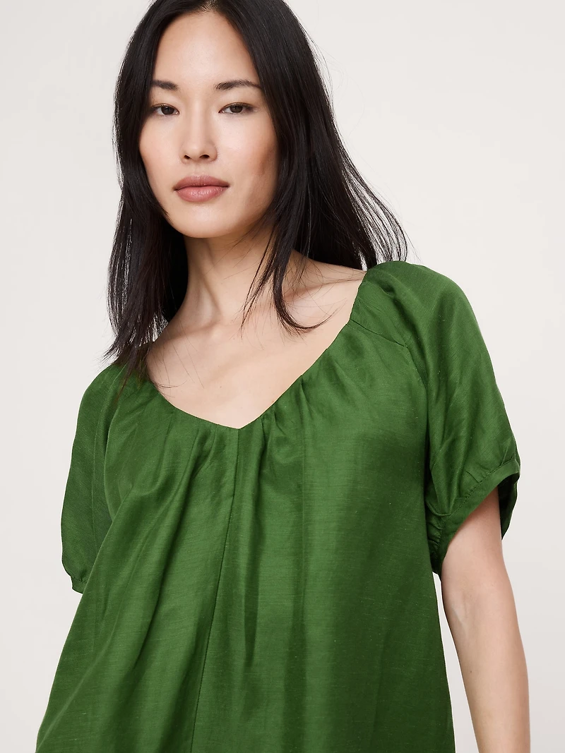 Oversized Viscose-Linen Puff-Sleeve Mini Dress