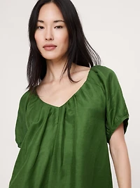 Oversized Viscose-Linen Puff-Sleeve Mini Dress