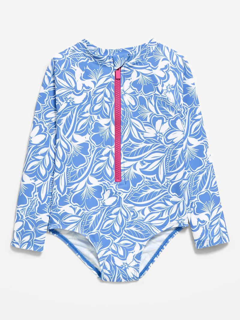 Printed Zip-Front Rashguard One-Piece Swimsuit for Toddler Girls