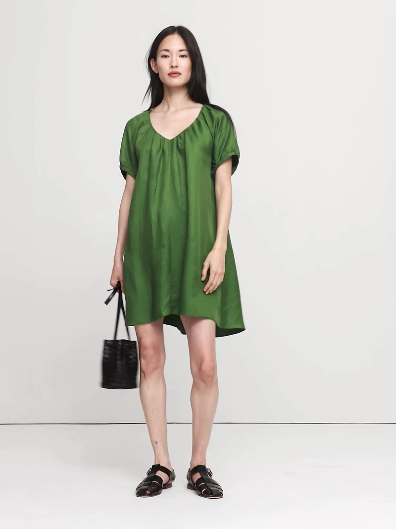 Oversized Viscose-Linen Puff-Sleeve Mini Dress