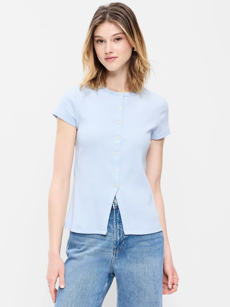 Short-Sleeve Ribbed Button-Down Top