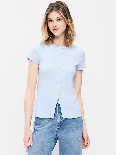 Short-Sleeve Ribbed Button-Down Top