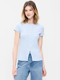 Short-Sleeve Ribbed Button-Down Top