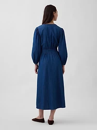 Denim Pieced-Waist Midi Dress
