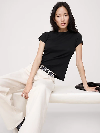 Airy Cotton Mock-Neck T-Shirt