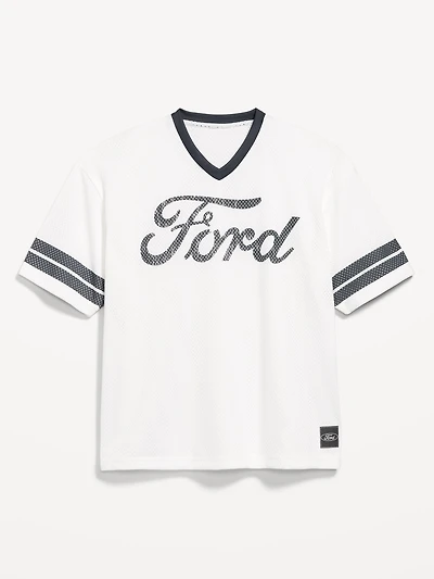 Licensed Graphic Cropped Mesh V-Neck T-Shirt