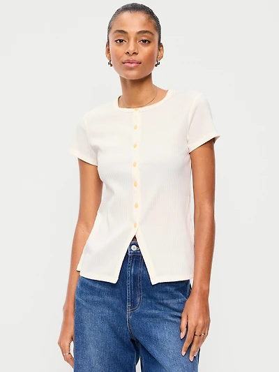 Short-Sleeve Ribbed Button-Down Top