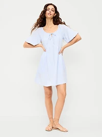 Crinkle Gauze Flutter-Sleeve Mini Swing Dress