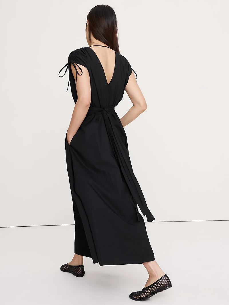 Poplin Ruched-Shoulder Maxi Dress
