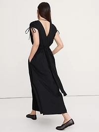Poplin Ruched-Shoulder Maxi Dress