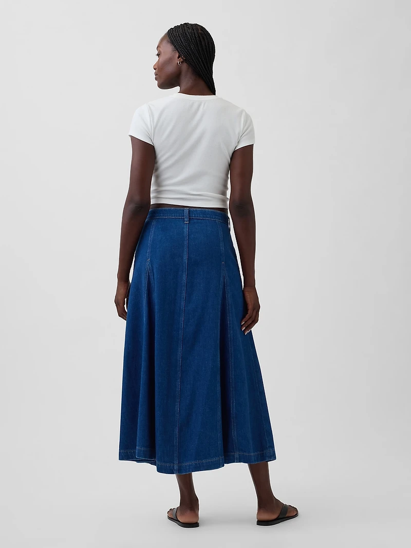 Seamed Denim Button-Front Maxi Skirt