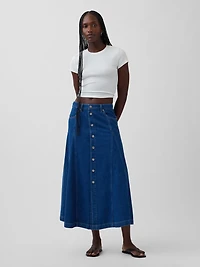 Seamed Denim Button-Front Maxi Skirt