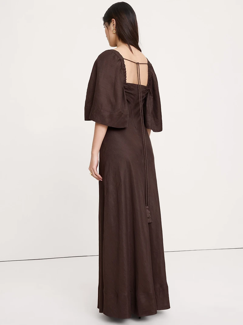 Viscose-Linen Flutter-Sleeve Maxi Dress