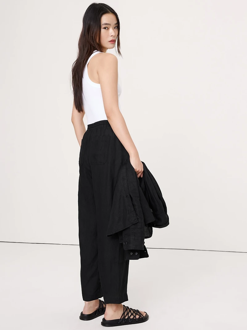 Barrel-Leg Linen Pull-On Pant