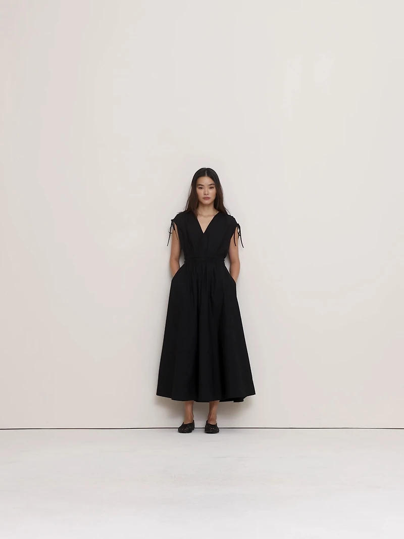 Poplin Ruched-Shoulder Maxi Dress