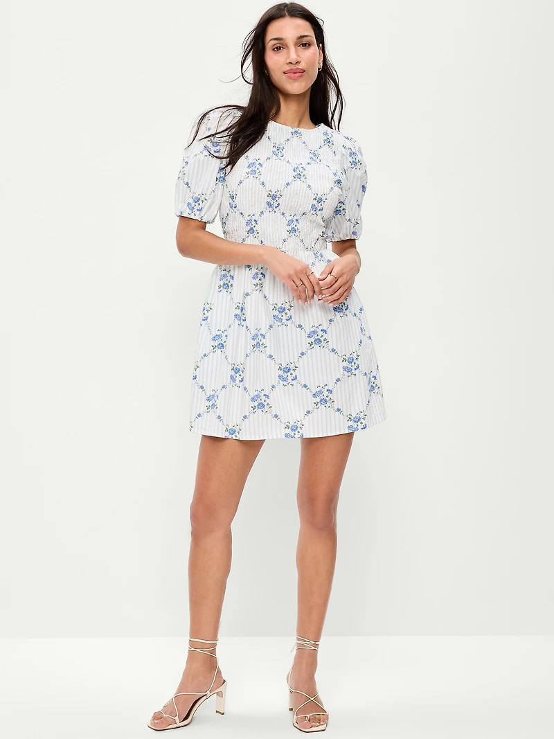 Puff-Sleeve Smocked Fit & Flare Mini Dress