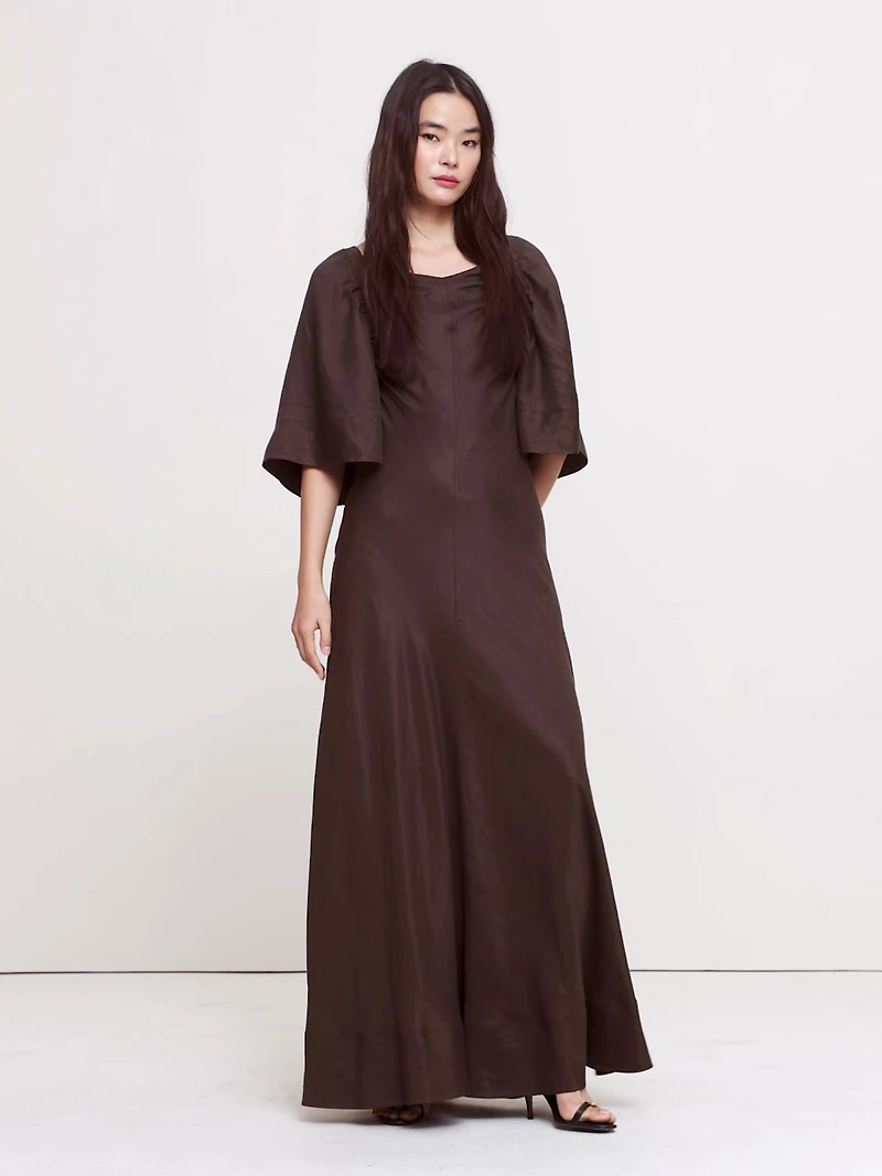 Viscose-Linen Flutter-Sleeve Maxi Dress