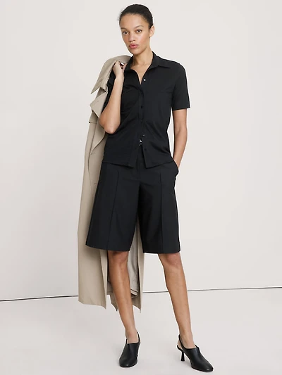 Silky Cotton Short-Sleeve Button-Down Top