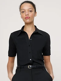 Silky Cotton Short-Sleeve Button-Down Top