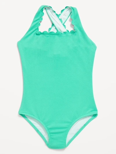 Textured Scallop Cross-Back One-Piece Swimsuit for Girls