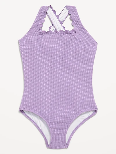 Textured Scallop Cross-Back One-Piece Swimsuit for Girls