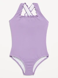 Textured Scallop Cross-Back One-Piece Swimsuit for Girls