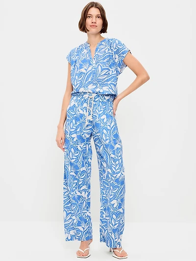 High-Waisted Crinkle Gauze Barrel Ankle Pants