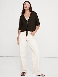 Cotton Tie-Front Polo Cardigan
