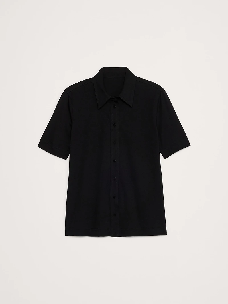 Silky Cotton Short-Sleeve Button-Down Top