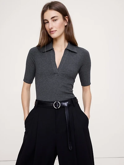 Ribbed Elbow-Sleeve Polo