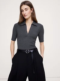 Ribbed Elbow-Sleeve Polo