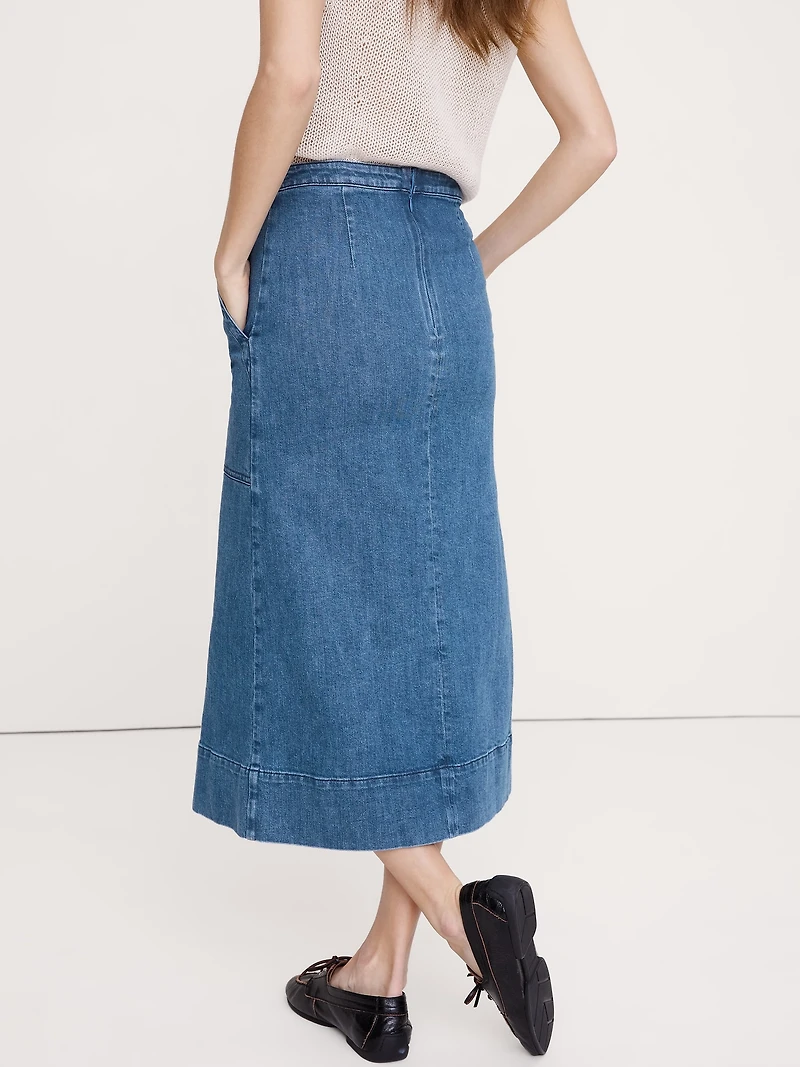 Denim Front-Slit Midi Skirt