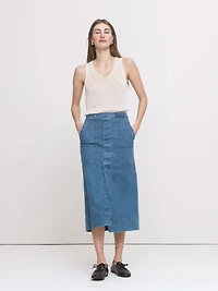 Denim Front-Slit Midi Skirt