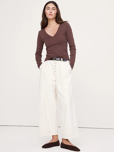 Minimalist Cotton Long-Sleeve V-Neck T-Shirt