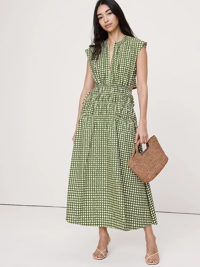 Smocked Cotton Poplin Maxi Dress with Open Back