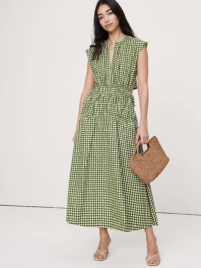 Smocked Cotton Poplin Maxi Dress with Open Back