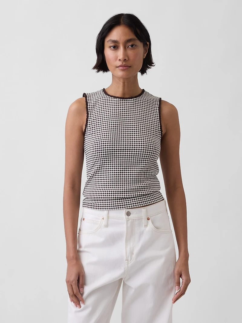 Gingham Pointelle Shell Tank Top