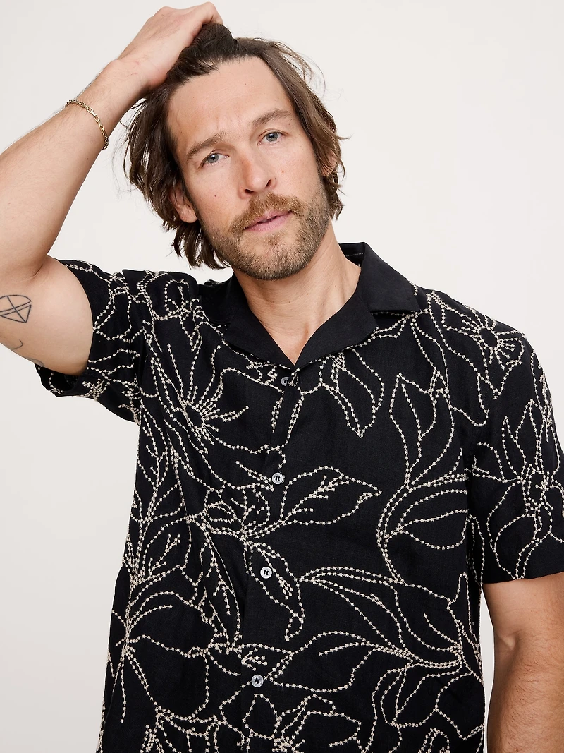 Standard-Fit Embroidered Linen Resort Shirt