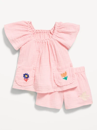 Short-Sleeve Double-Weave Top and Shorts Set for Toddler Girls
