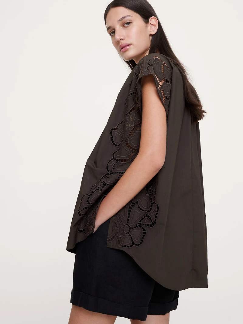 Embroidered Cotton Poplin Split-Neck Tunic