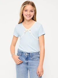 Fitted Short-Sleeve Ribbed Bow Top for Girls