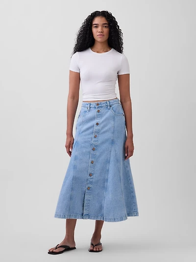 Denim Seamed Button-Front Maxi Skirt