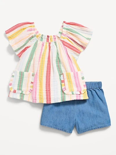 Double-Weave Pocket Top and Shorts Set for Toddler Girls