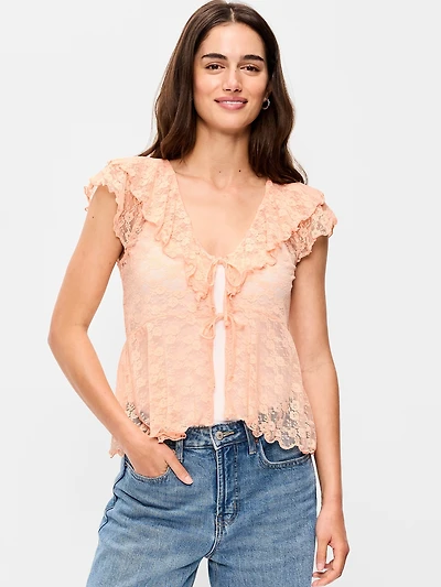 Short-Sleeve Open-Front Lace Ruffle Top